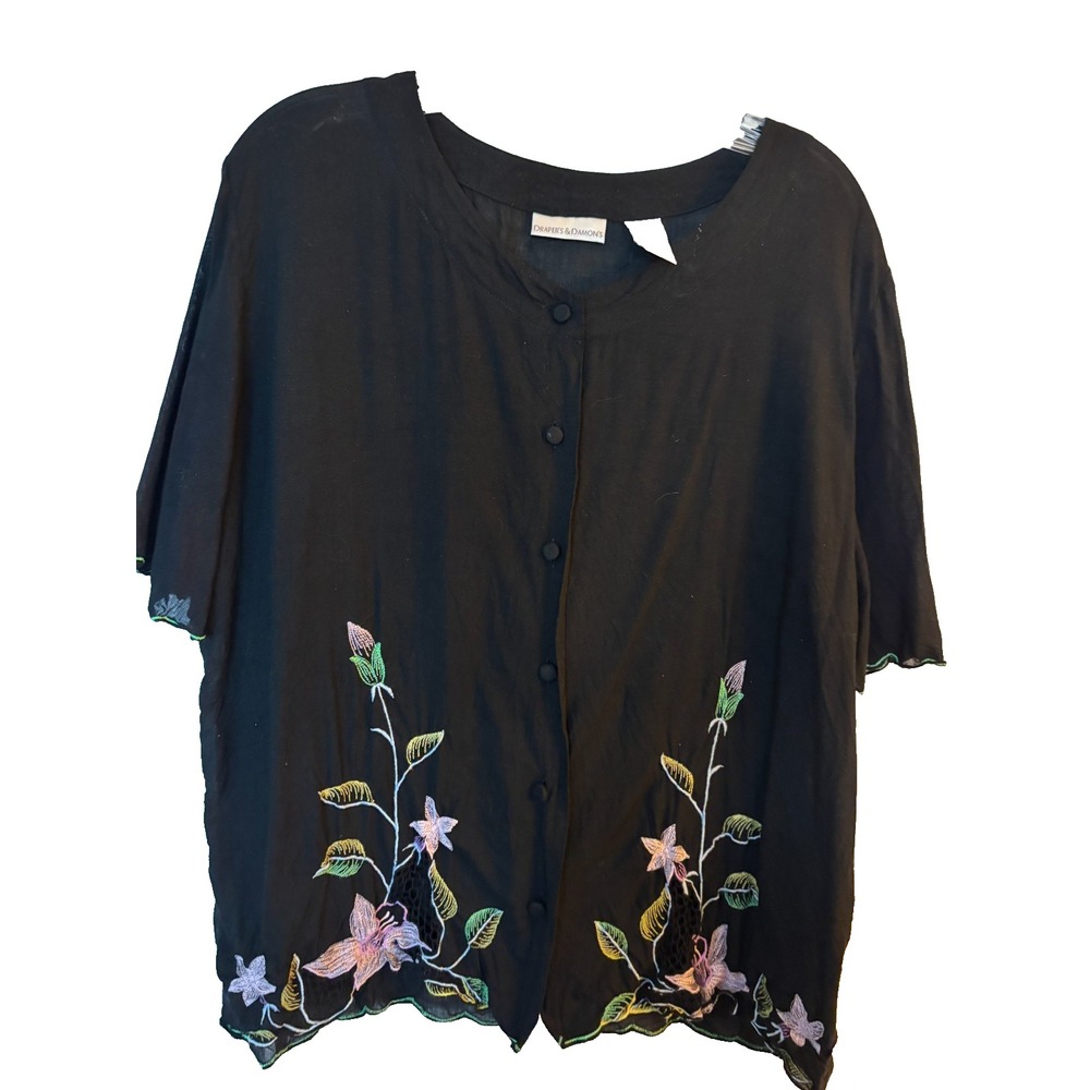 Drapers and Damons black blouse womens rayon embroidery buttons short slv sz XL